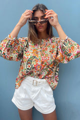 Multicolour Floral Print Lace Splicing Button up Puff Sleeve Shirt