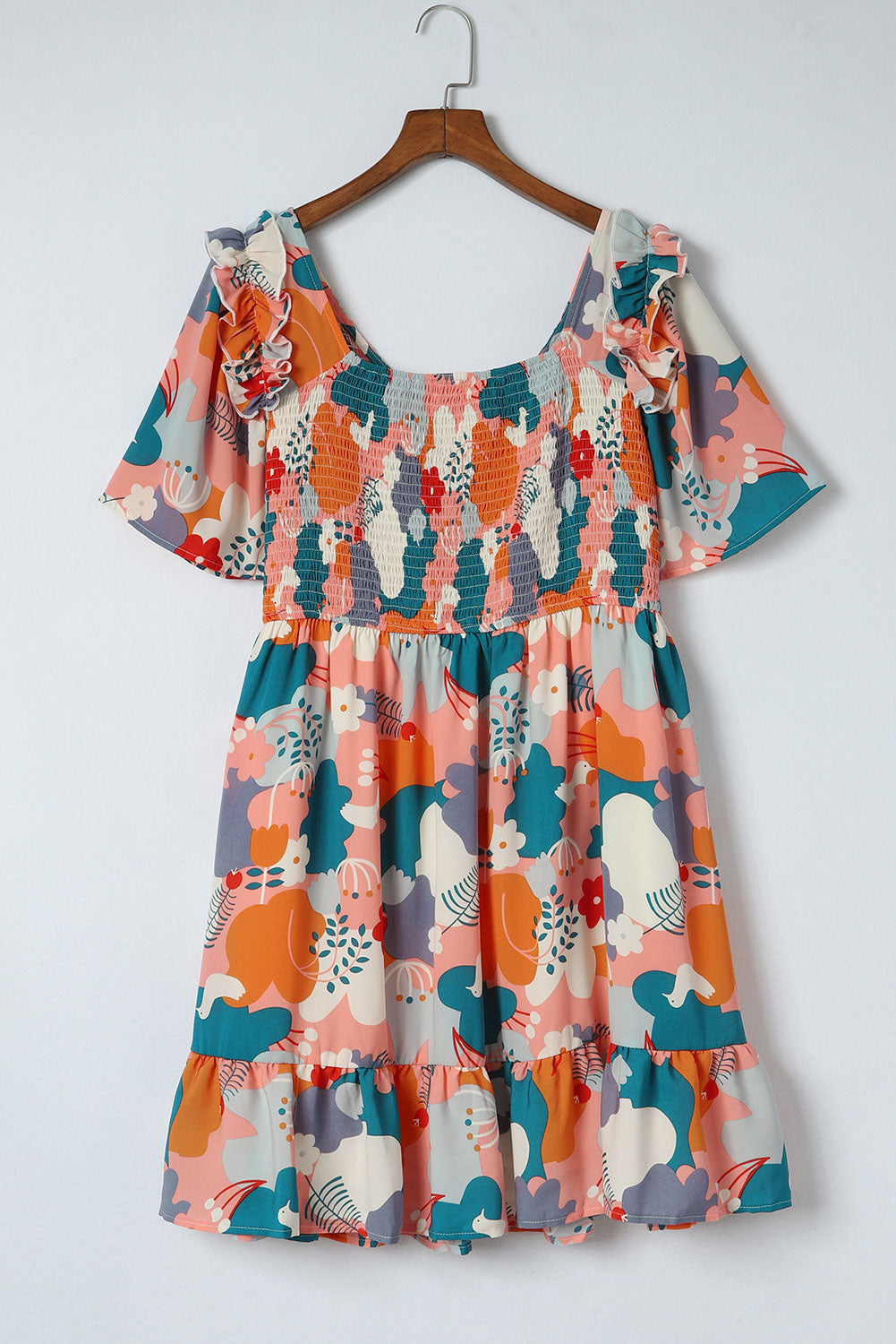 Multicolor Plus Size Shirred Mixed Print Ruffle Dress