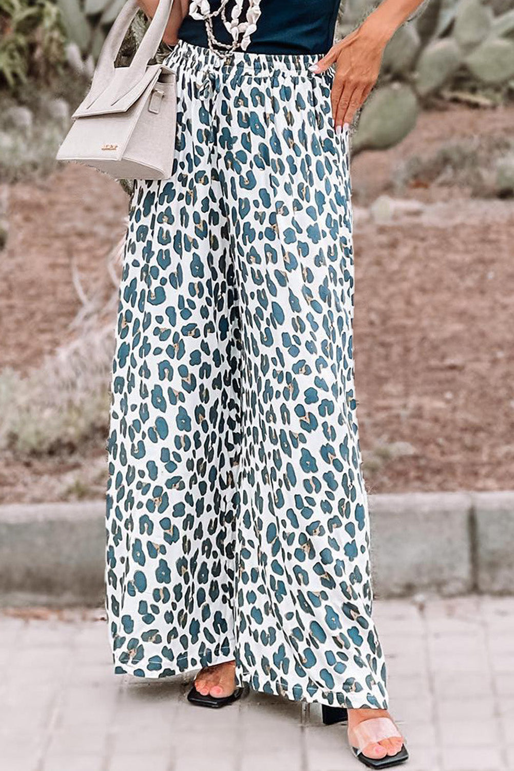 White Leopard Print Pocketed Wide Leg Pants