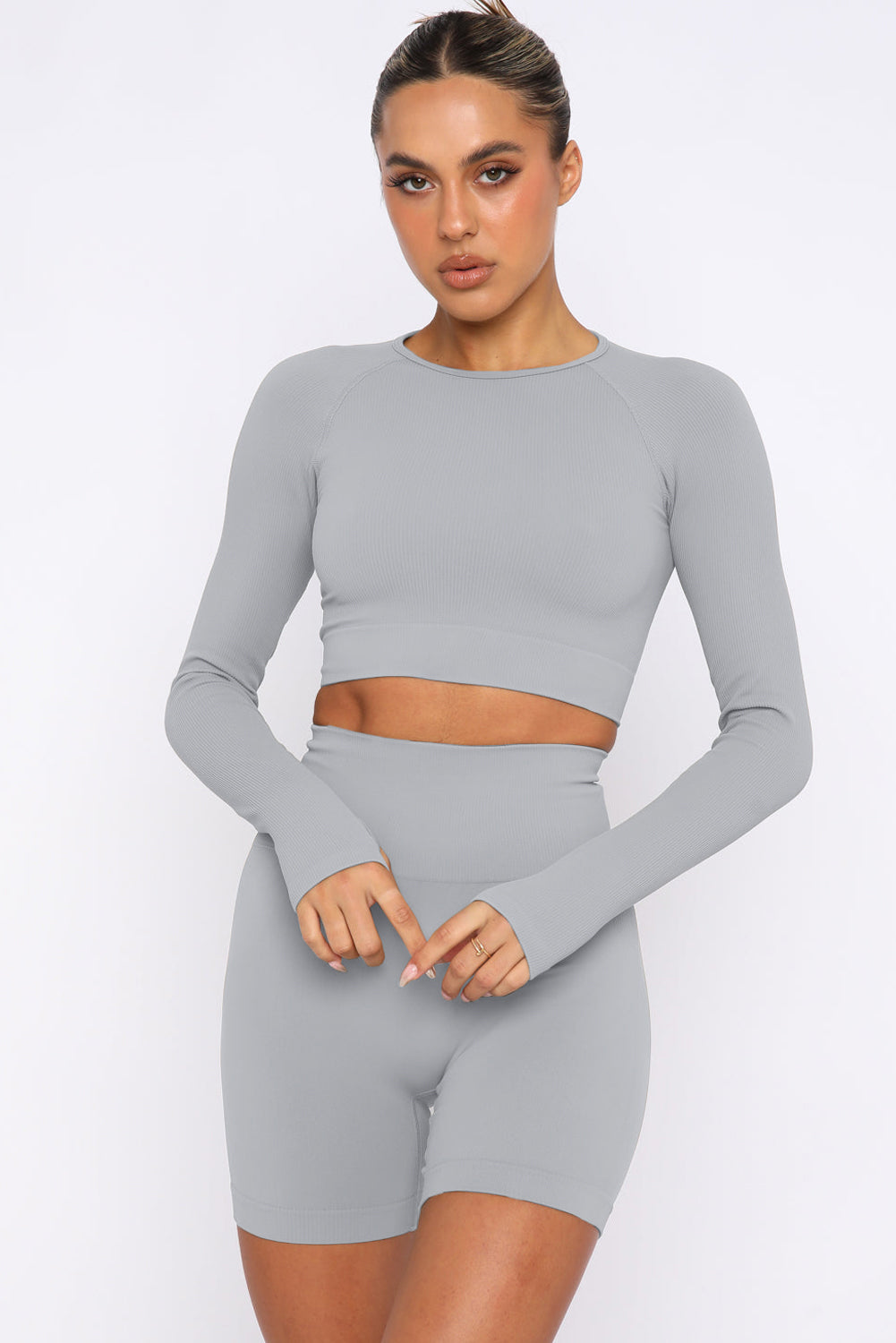 Gray Long Sleeve Seamless Crop Smoke