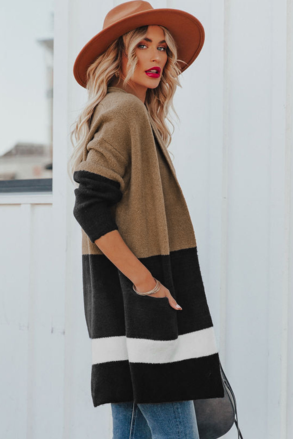 Brown Gingerbread Latte Colorblock Pocketed Cardigan