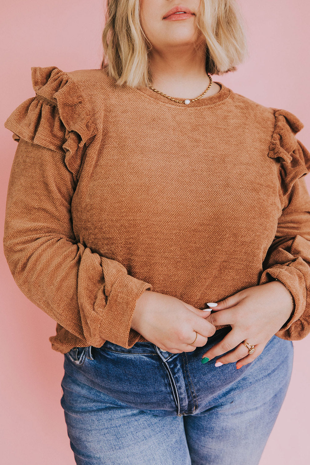 Brown Plus Size Solid Ruffled Tiered Long Sleeve Top