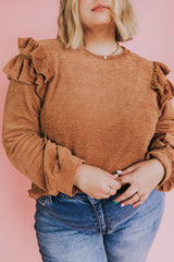 Brown Plus Size Solid Ruffled Tiered Long Sleeve Top