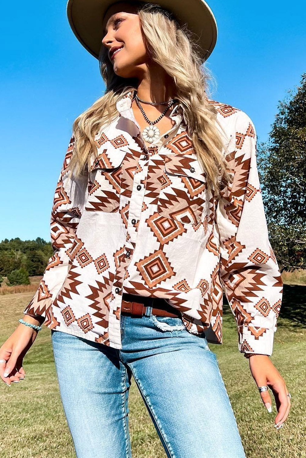 White Western Aztec Pattern Button Flap Pocket Shirt