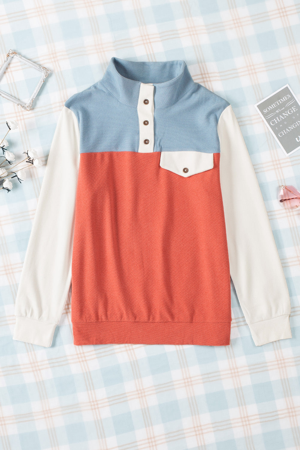 Orange Buttoned Color Block Long Sleeve Top