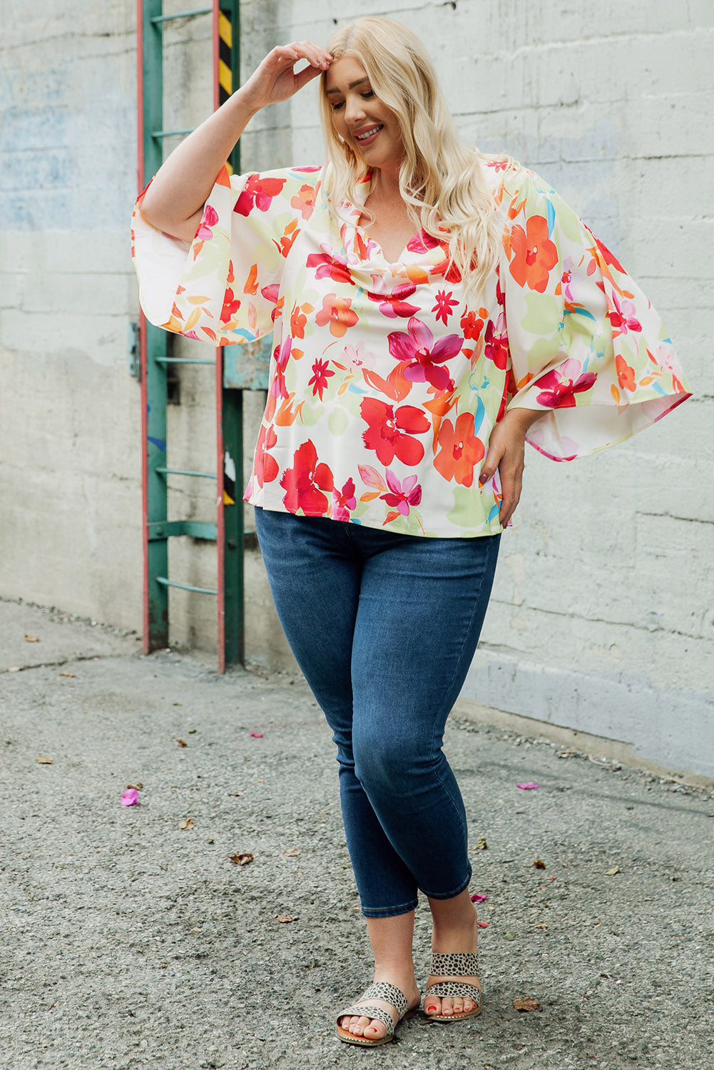 Multicolor Floral Print Cowl Neck Plus Size Blouse