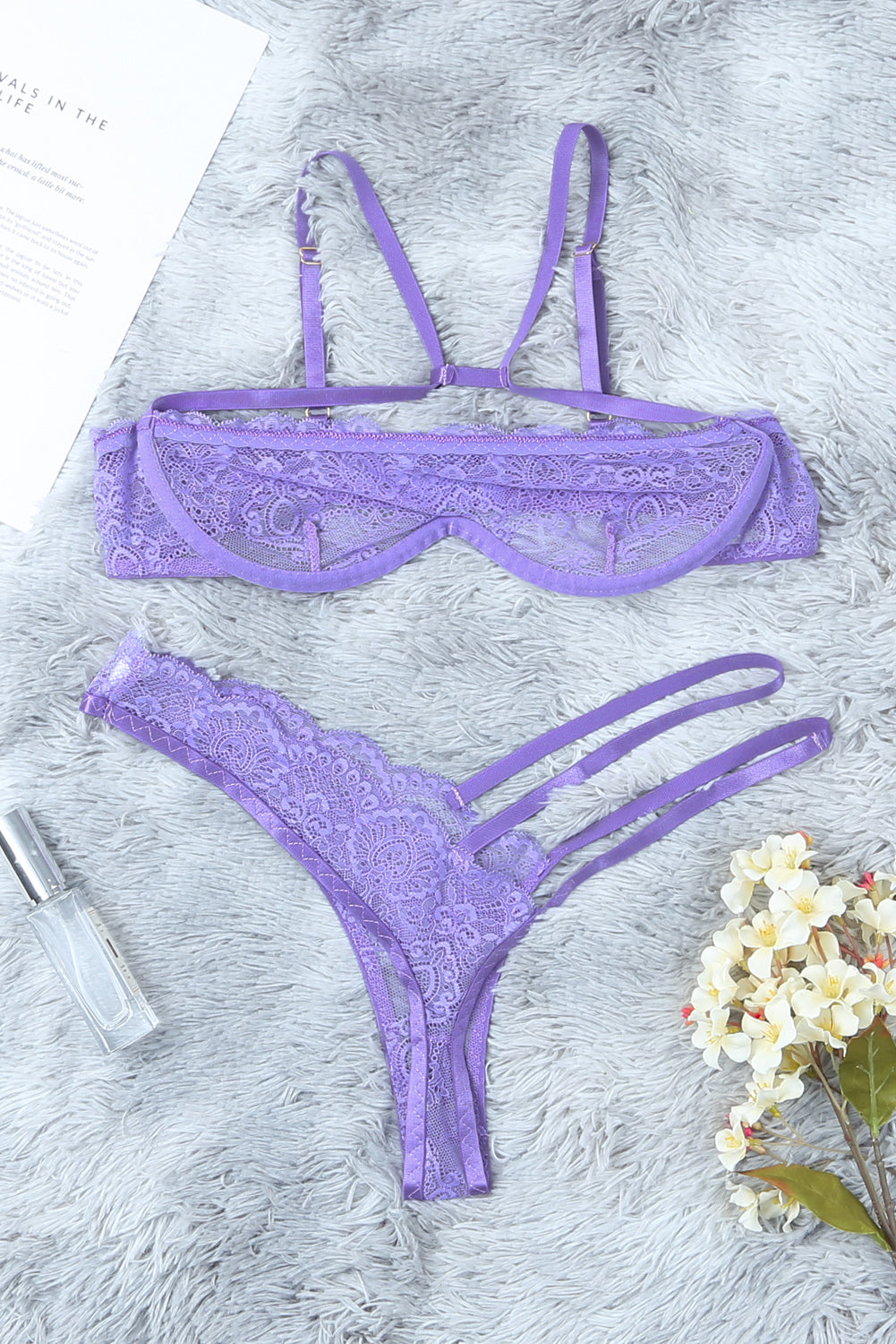 Purple Sheer Lace Asymmetric Strappy 2pcs Lingerie Set