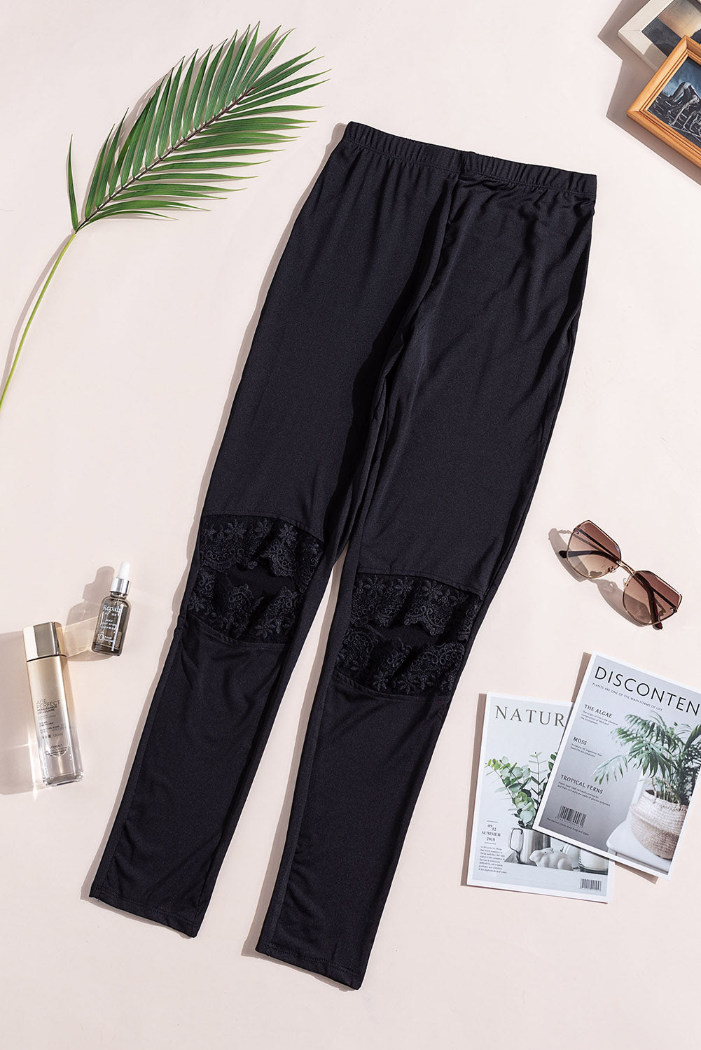 Floral Hollow Out Black Skinny Leggings