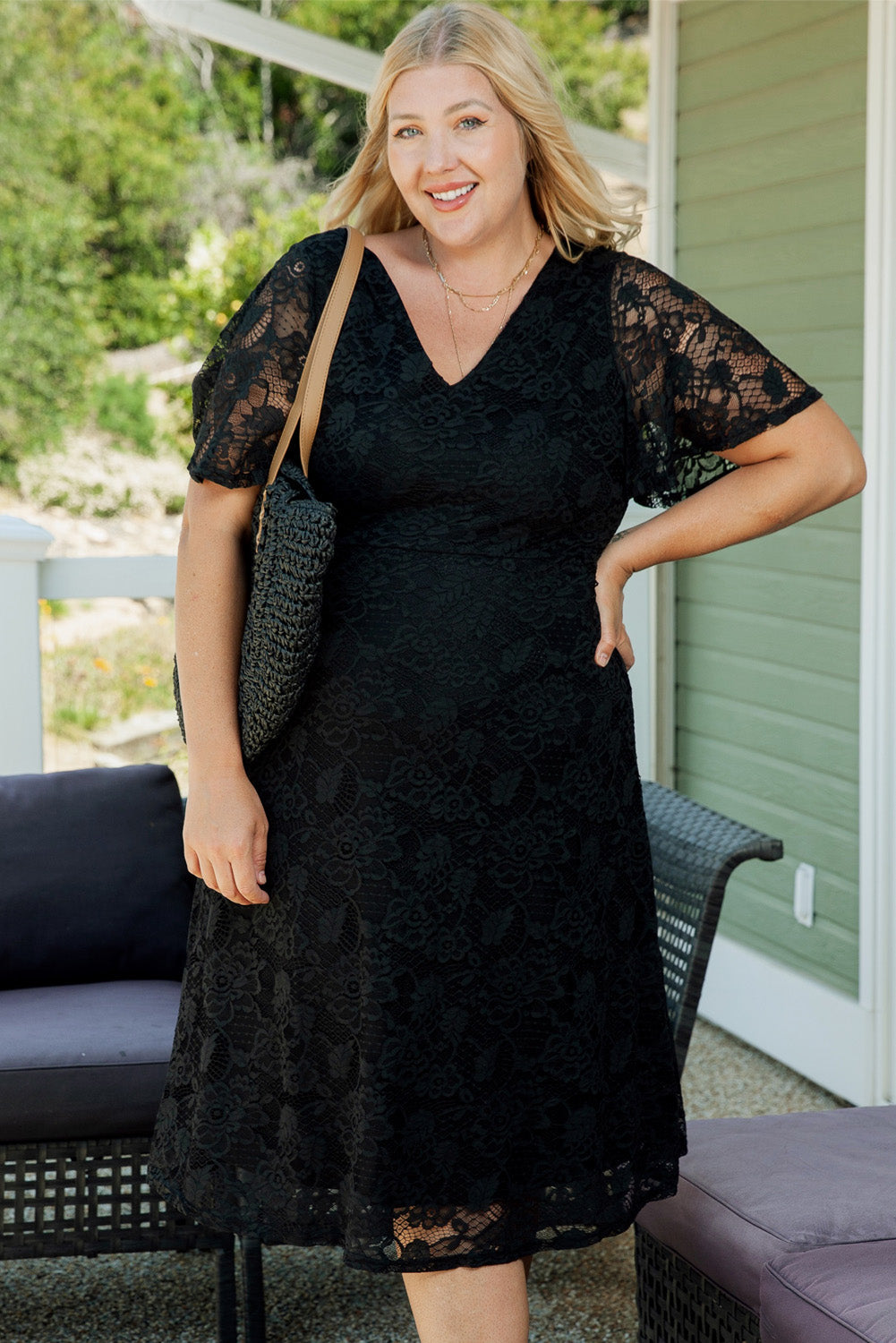 Black Plus Size Lace Flutter Sleeves Flare Midi Dress