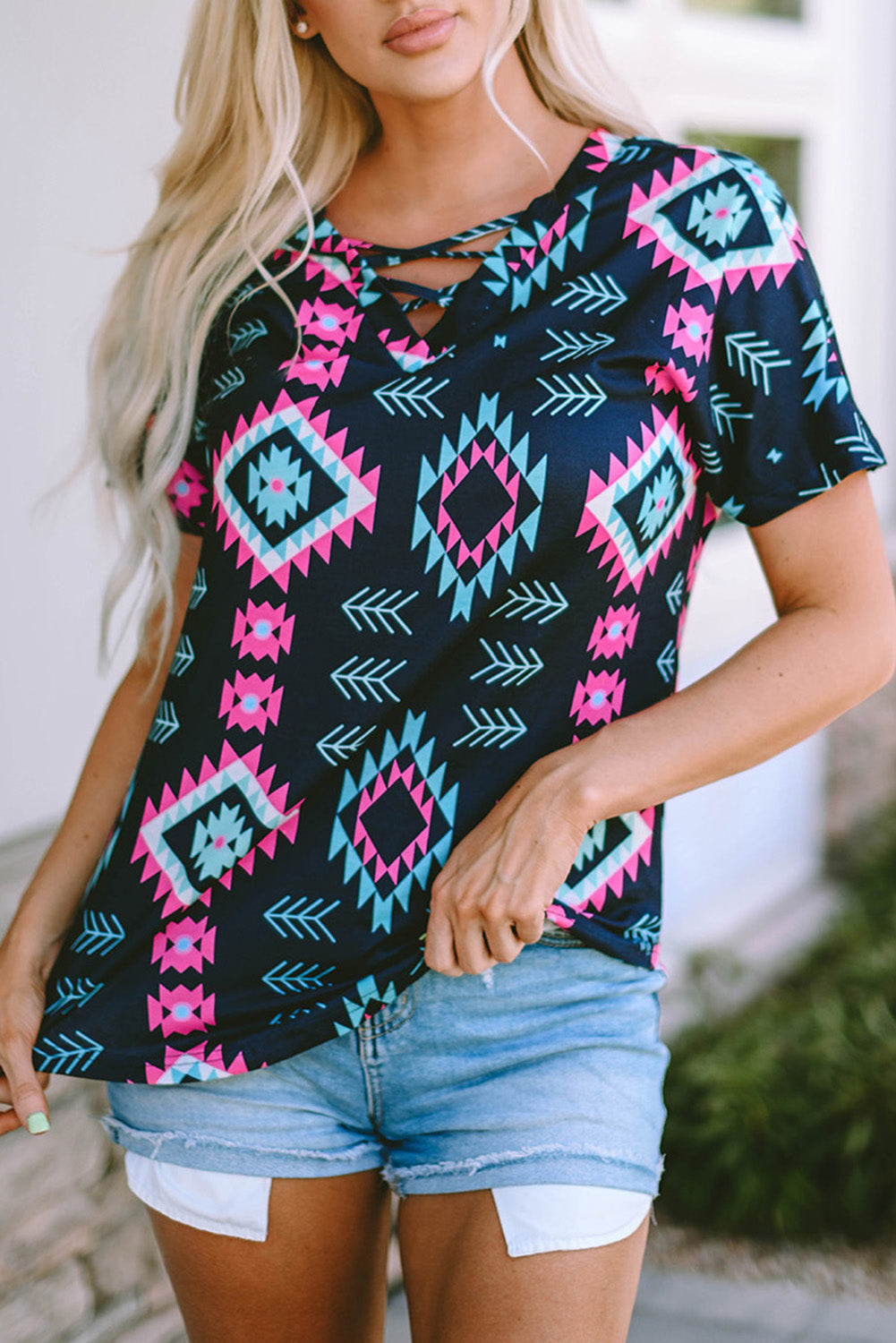 Black Western Fashion Aztec Print Crisscross V Neck Top