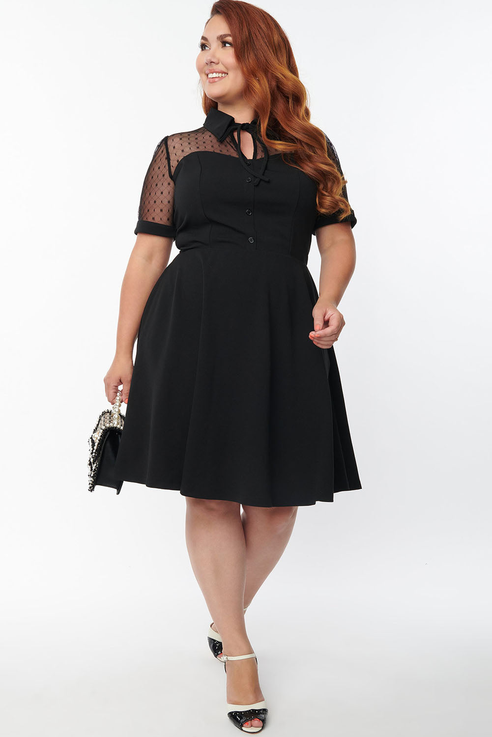 Black Plus Size Collared Mesh Yoke Fit Flare Dress