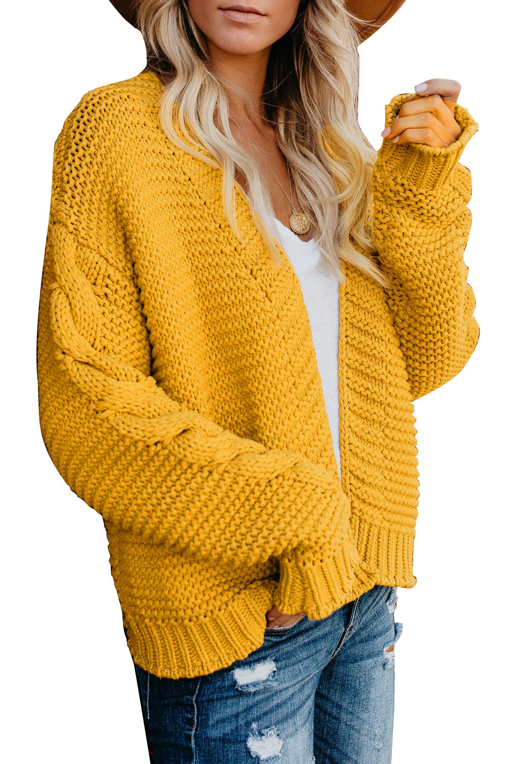 Yellow Open Front Chunky Knit Cardigan