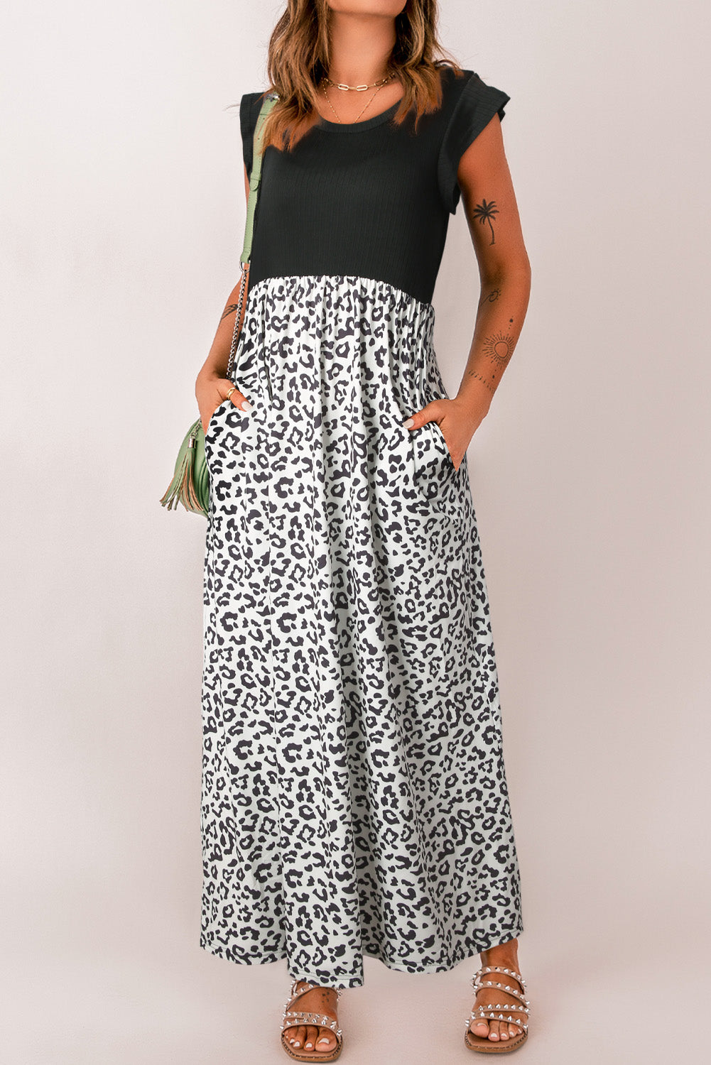 Gray Leopard Patchwork Ribbed Maxi Dress with Pockets