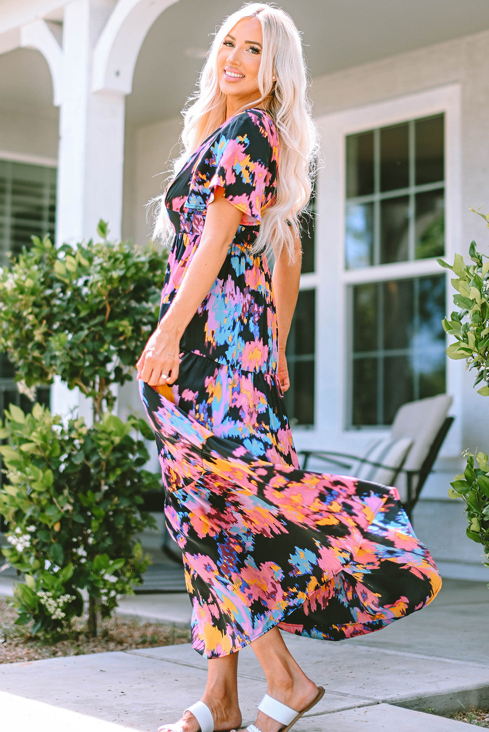 Black Smocked Tie-dye Print Midi Dress