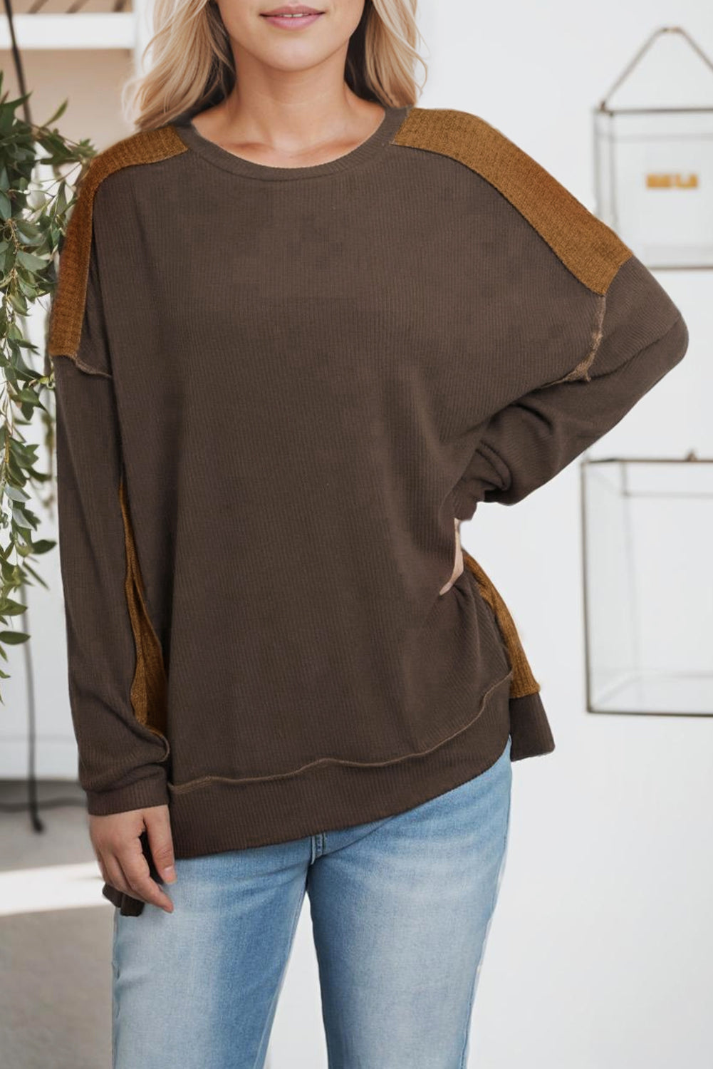 Brown Exposed Seam Patchwork Ribbed Knit Oversized Top