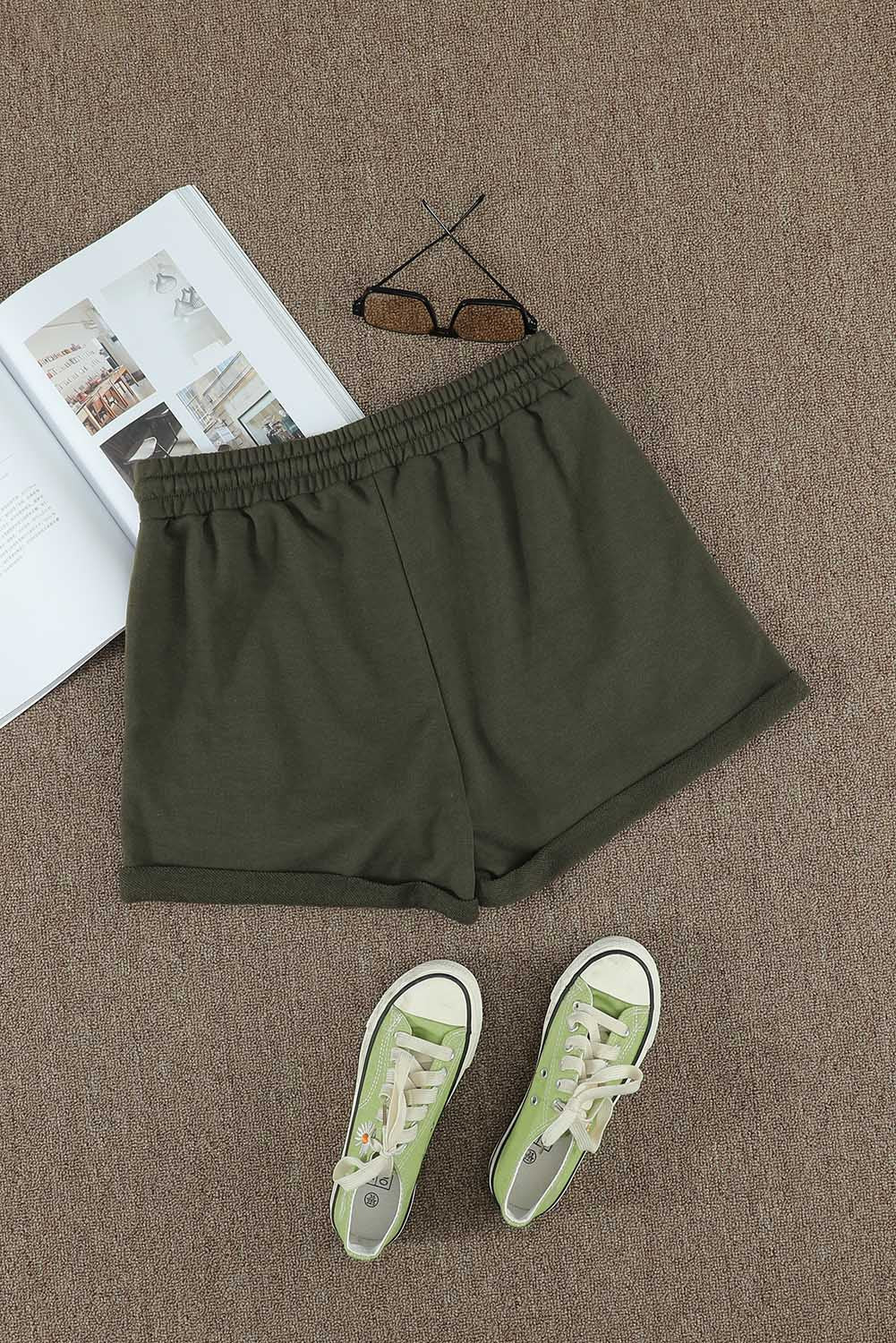 Green Tie Waist Side Pockets Cuffed Lounge Shorts