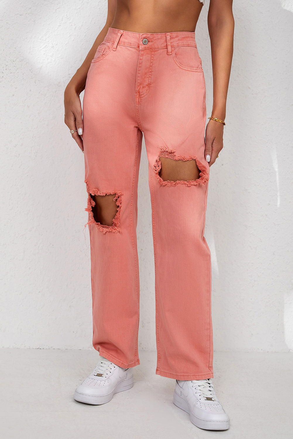 Pink High Waist Ripped Straight Leg Pocket Jeans