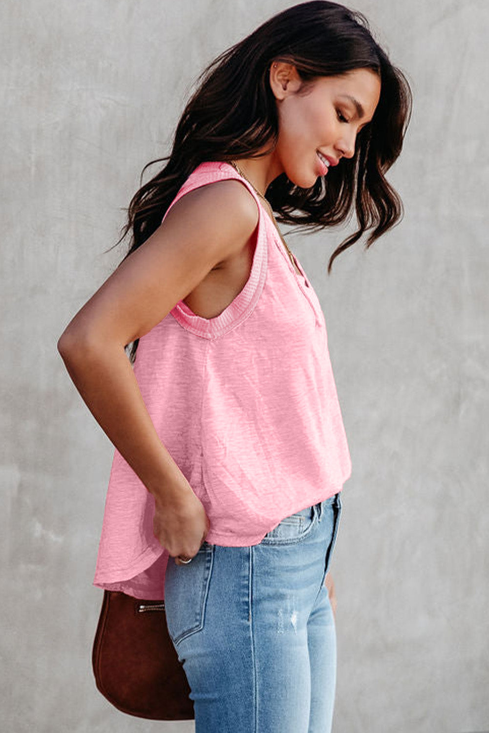 Pink V Neck Ribbed Trimming Tank Top