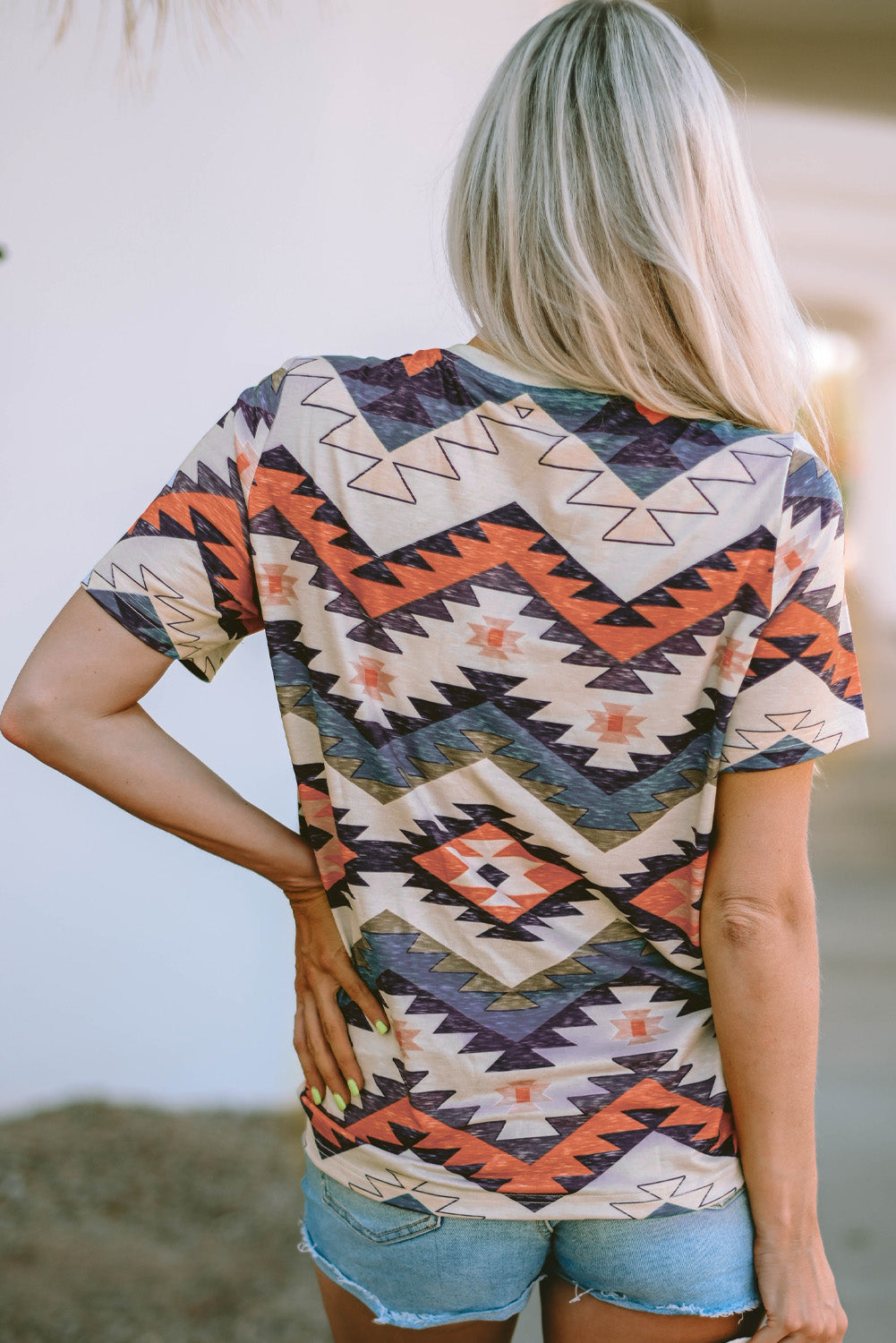 Beige Western Aztec Print Short Sleeve Top