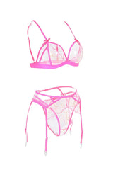 Rose 3pcs Embroidered Sheer Mesh Garter Lingerie Set