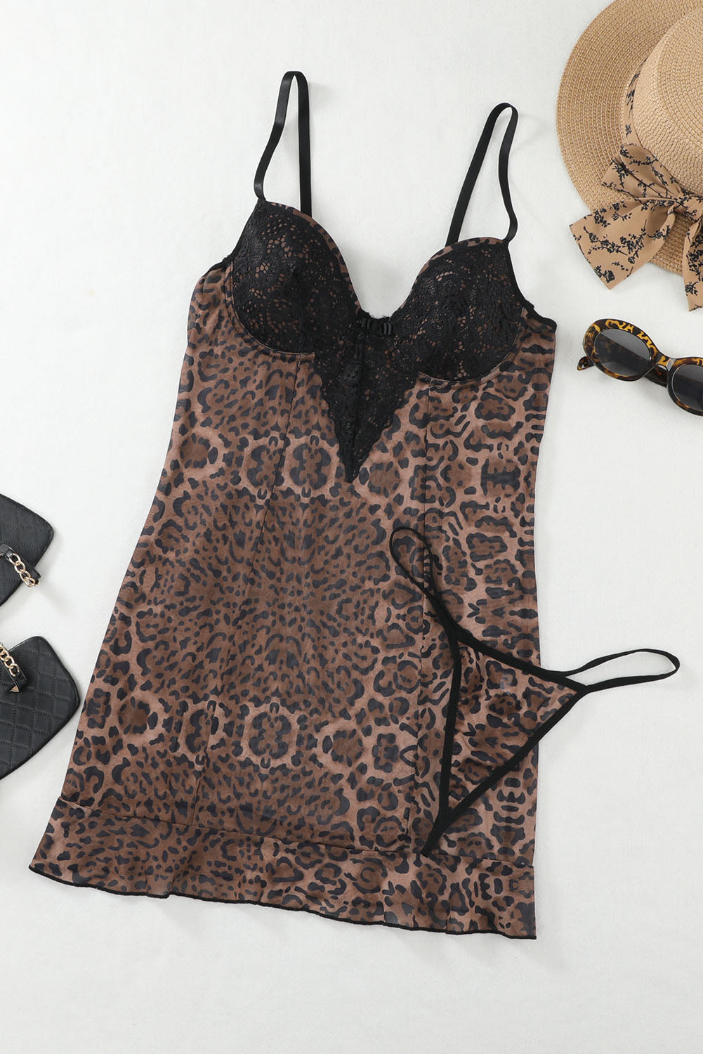 Leopard Lace Splicing Babydoll Set with Thong