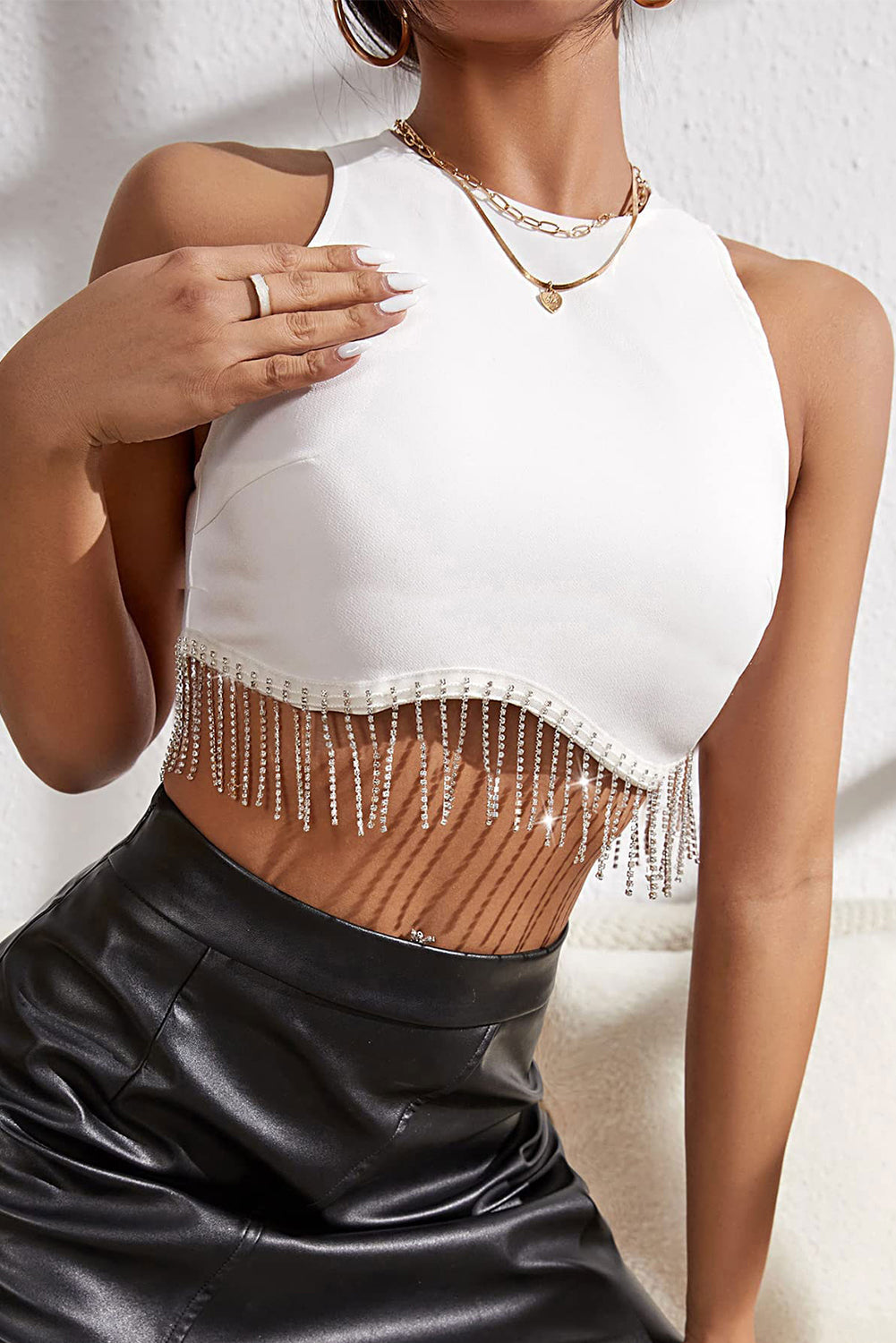 White Rhinestone Fringe Zip Back Round Neck Cropped Tank Top