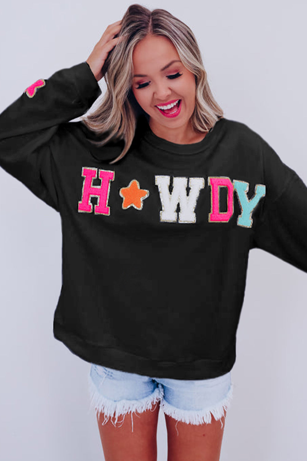 White Glitter Howdy Patch Graphic Casual Sweatshirt