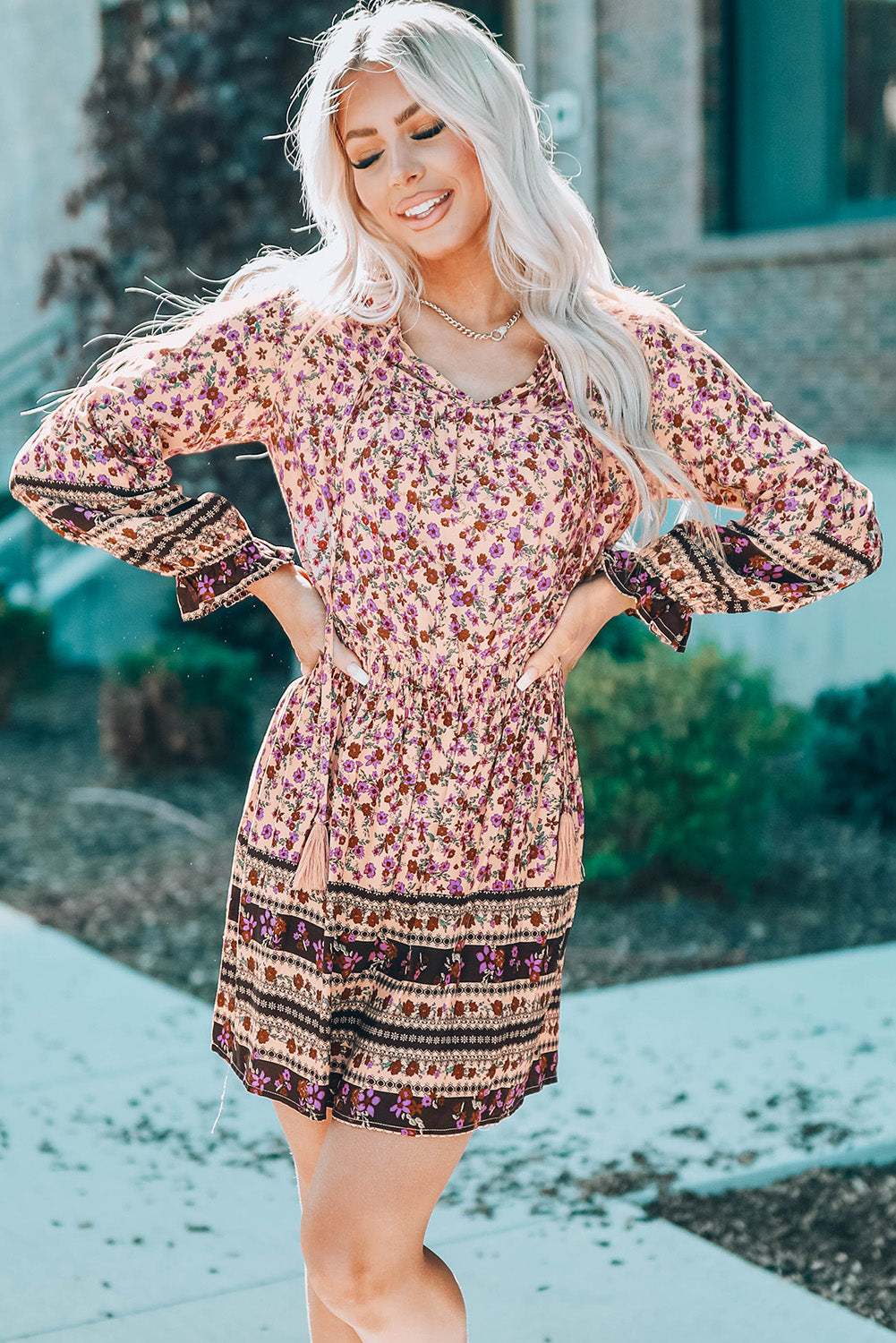 Pink Split V Neck Boho Floral Dress