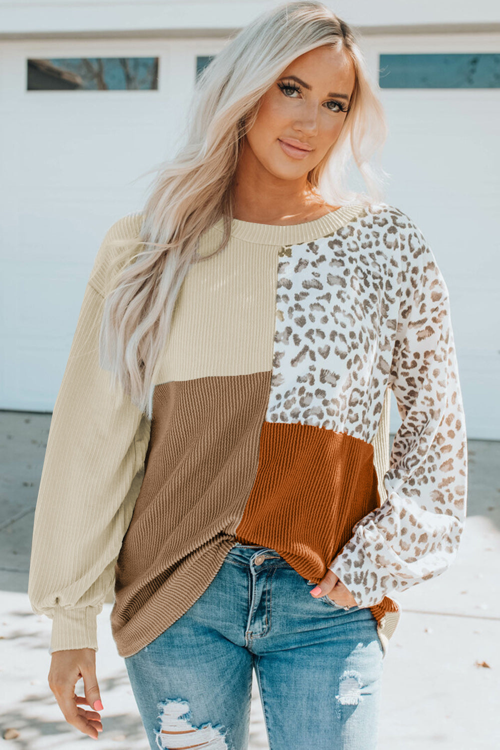 Rose Leopard Patchwork Color Block Ribbed Long Sleeve Top