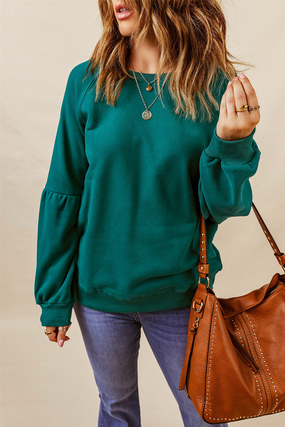 Green Raglan Patchwork Sleeve Pullover Sweatshirt