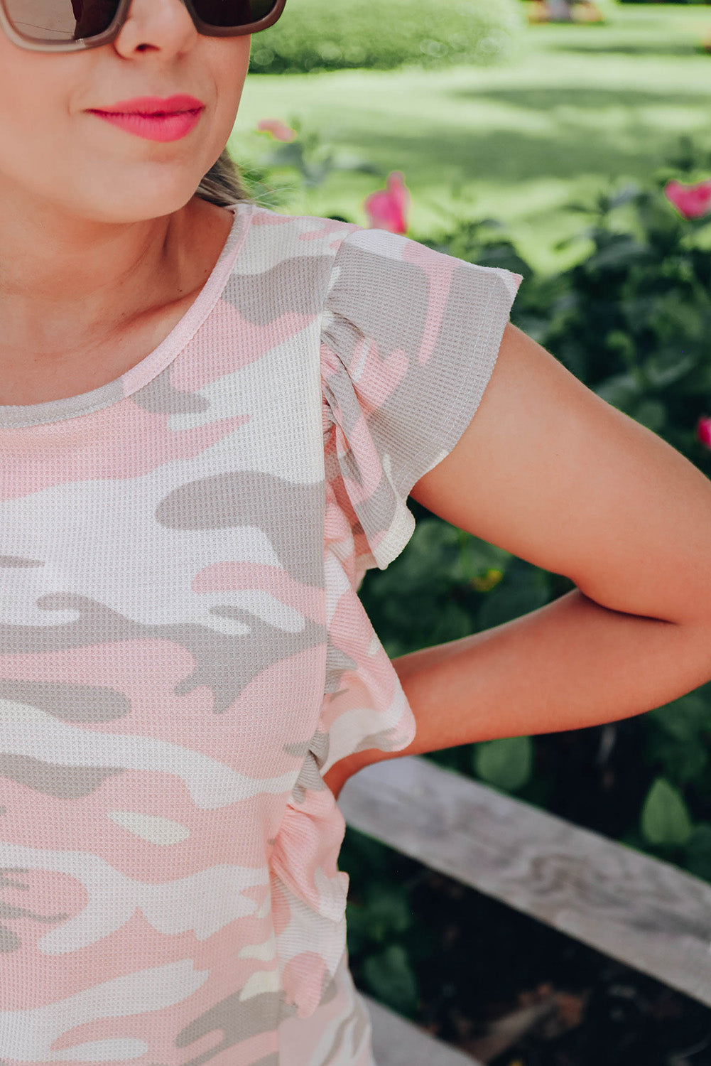 White Camo Print Ruffle Trim Tank Top