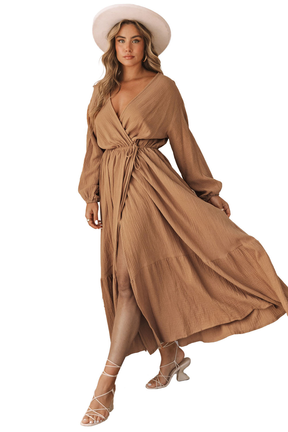 Brown V Neck Wrap Long Sleeve Dress