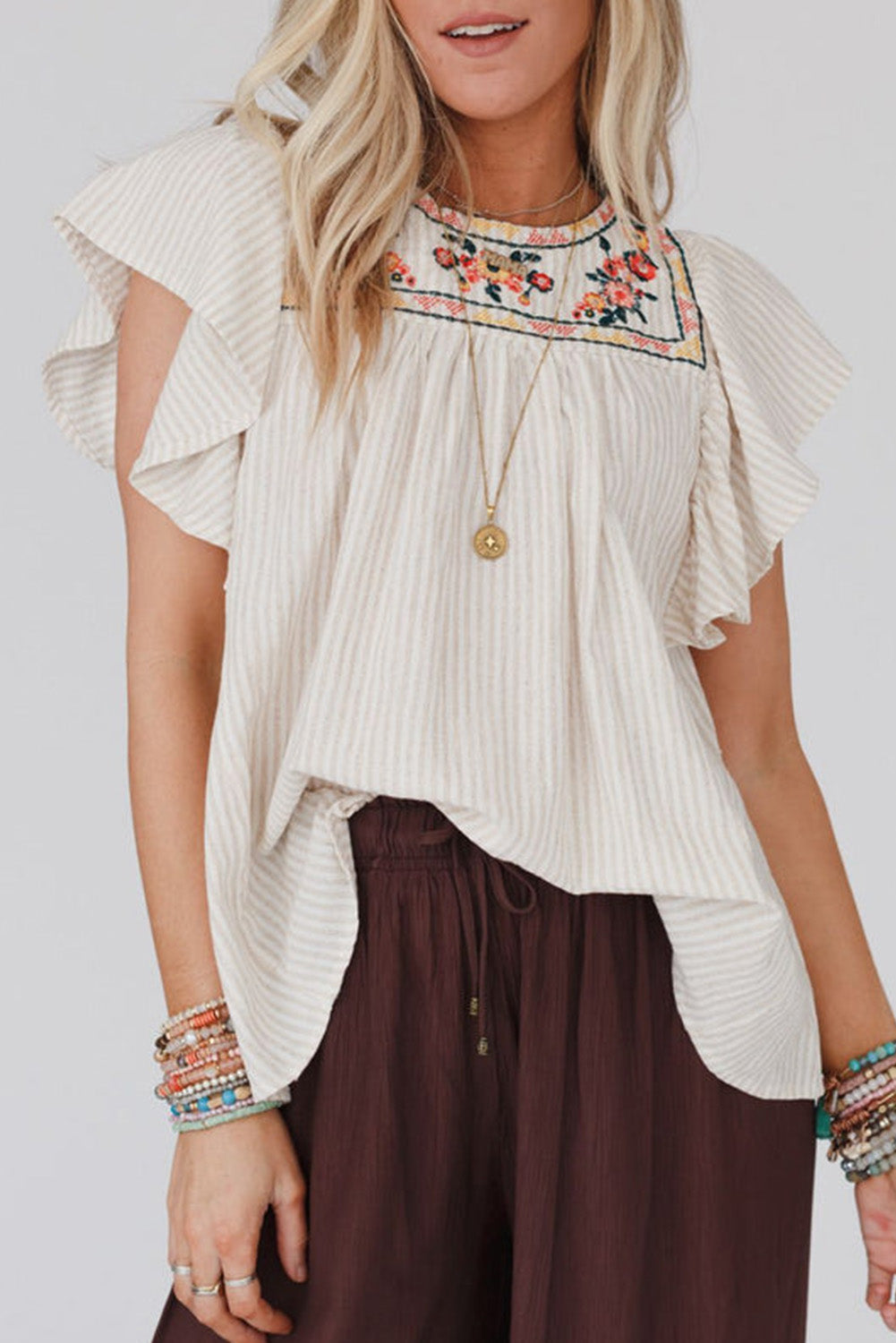 Apricot Stripe Ruffled Sleeve Embroidered Blouse