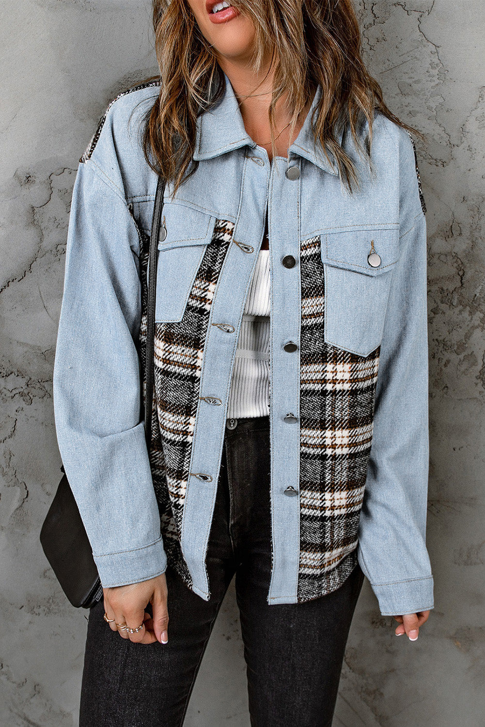 Sky Blue Plaid Patchwork Raw Hem Denim Jacket