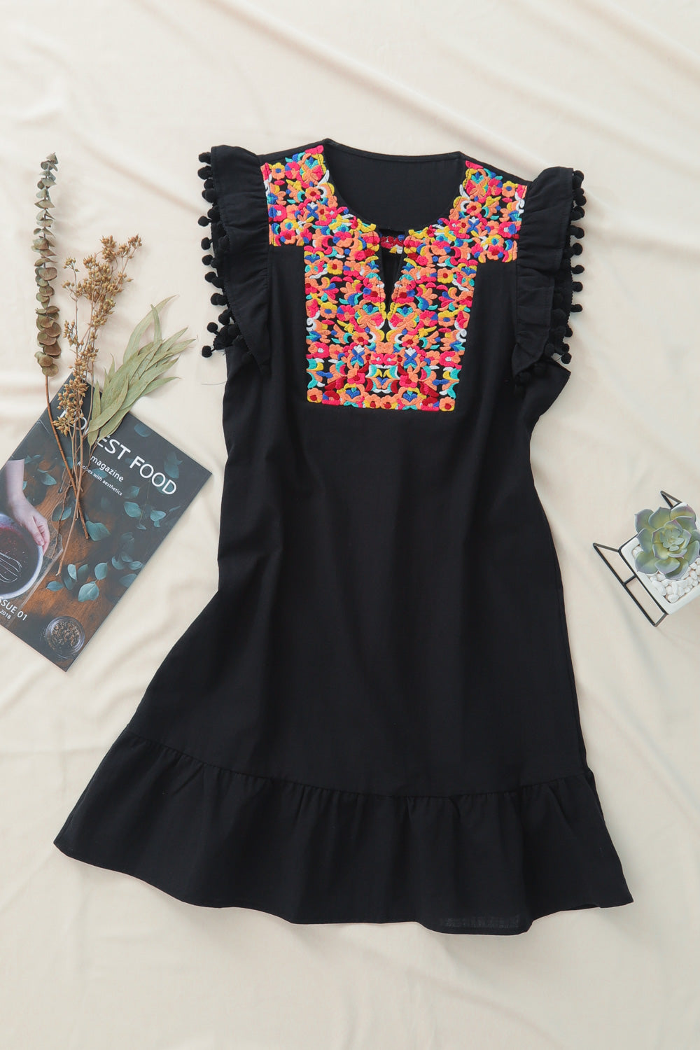 Black Boho Print Pompom Sleeve Shift Dress