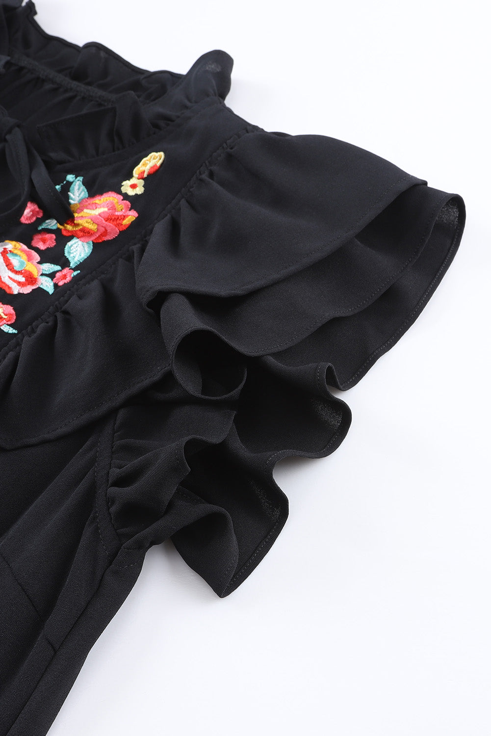 Black Floral Embroidered Ruffle Sleeve Shift Dress