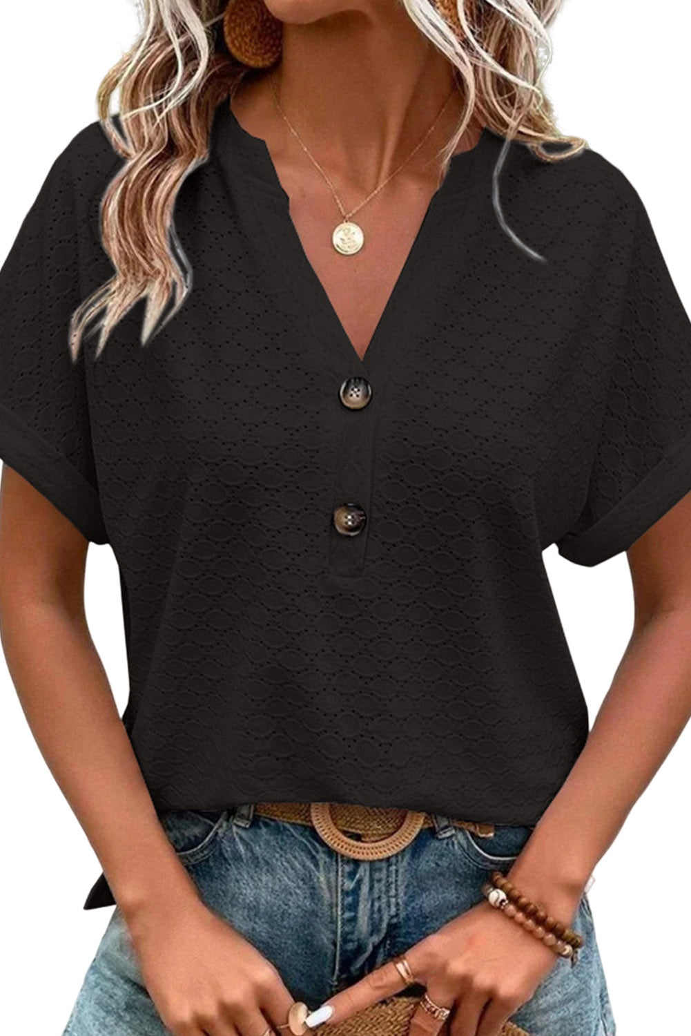 Black Eyelet Button-Accent Notch Neck Top