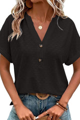 Black Eyelet Button-Accent Notch Neck Top