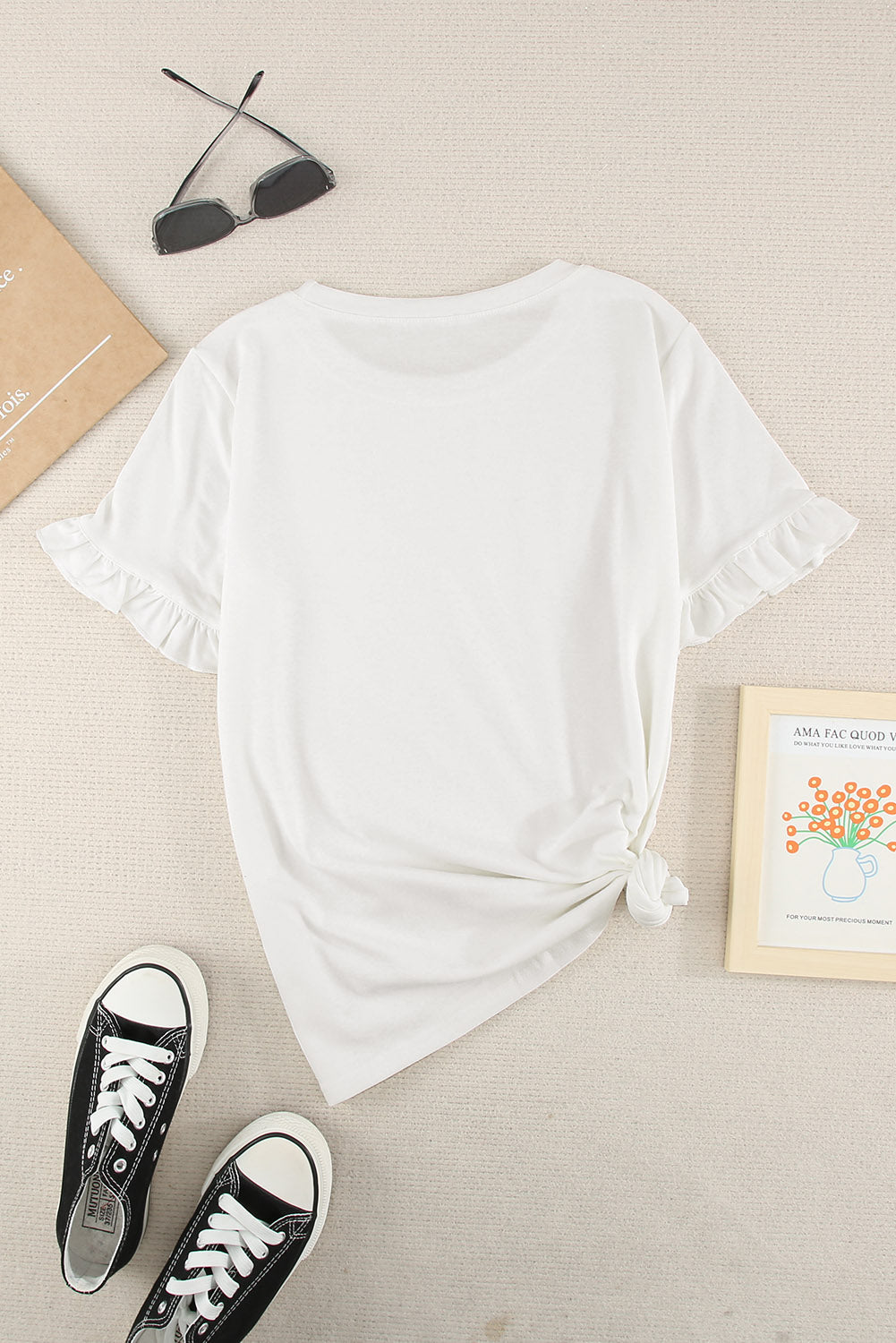 White Solid Ruffled Short Sleeve T-shirt