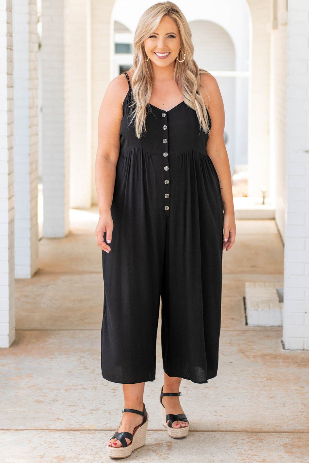 Black Buttons Sleeveless Wide Leg Plus Size Jumpsuit