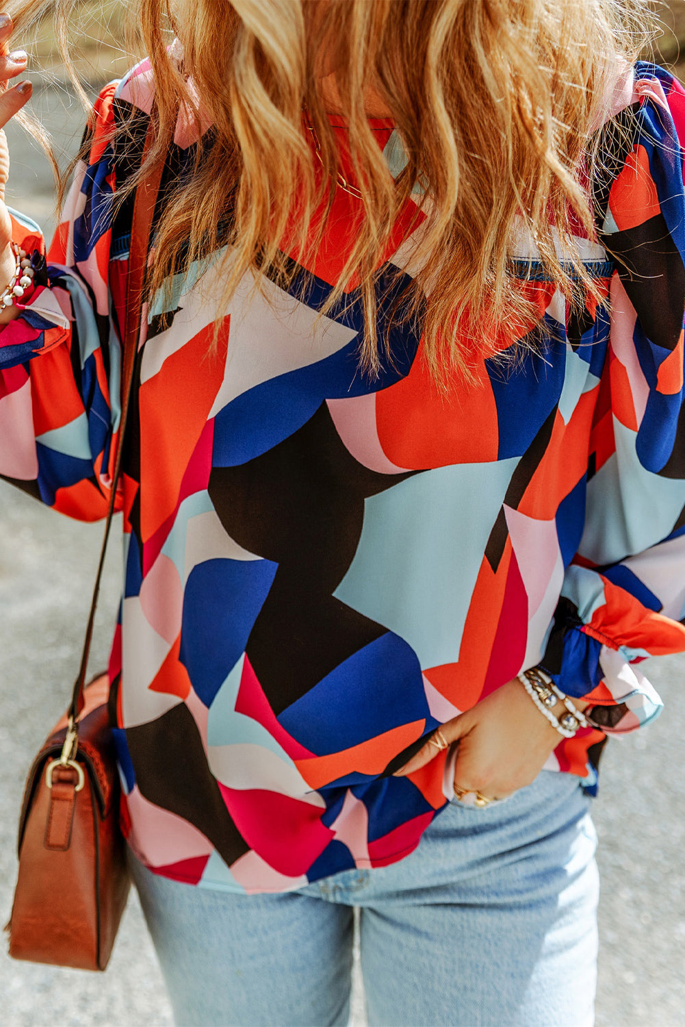 Multicolor Abstract Pattern Crewneck Ruffled Puff Sleeve Blouse