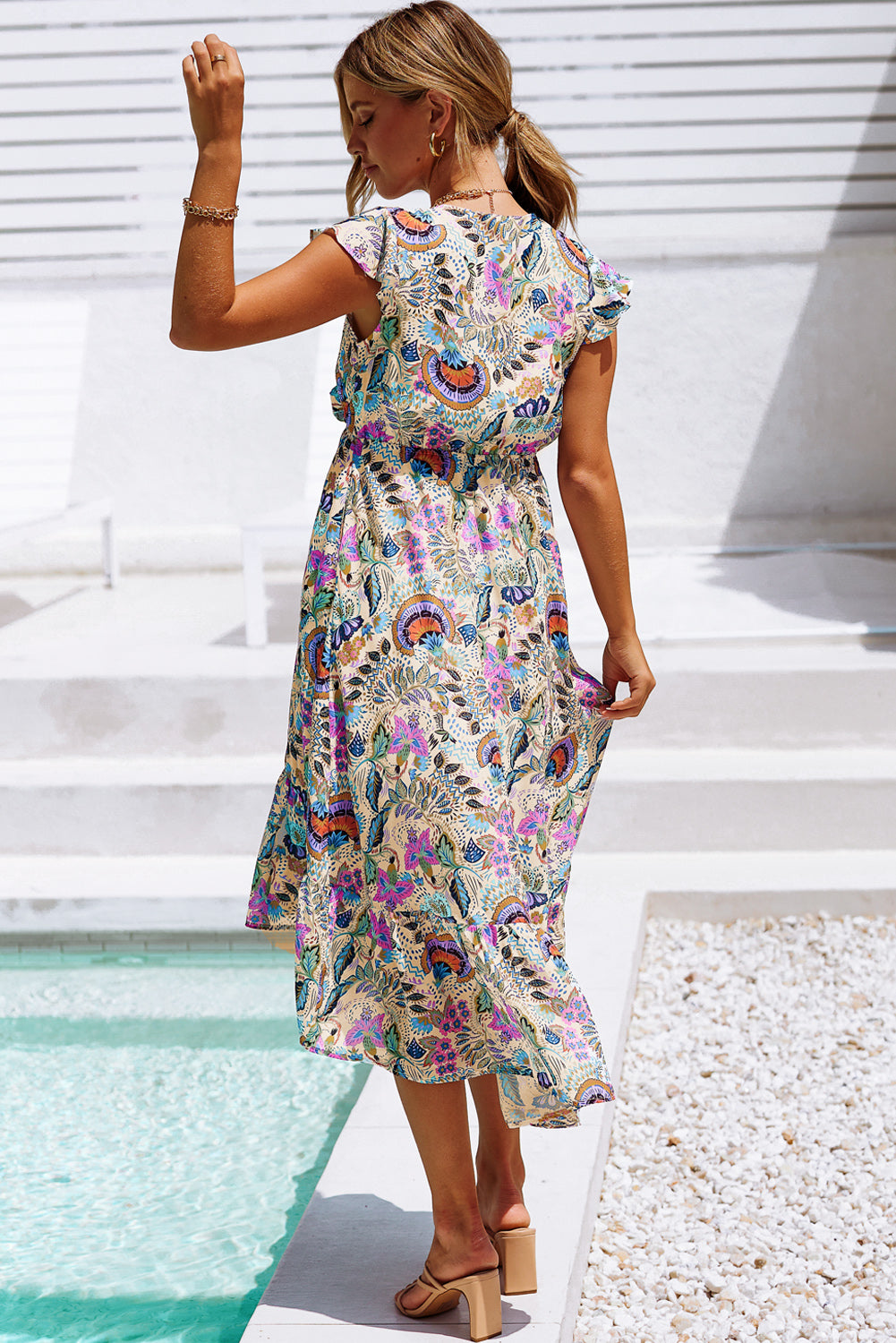 Multicolor Boho Floral Print Self-tie High Waist Long Dress