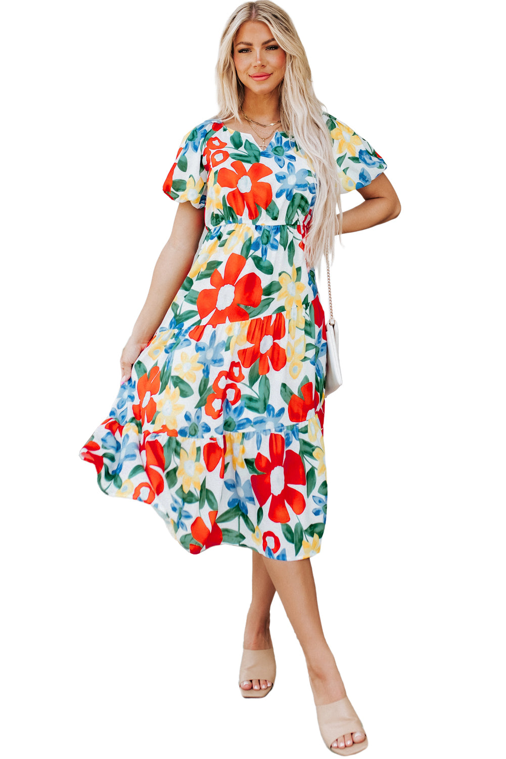 Multicolor Flutter Sleeve V Neck High Waist Floral Midi Dress