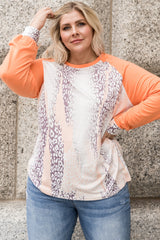 Orange Snakeskin Print Raglan Long Sleeve Plus Size Top