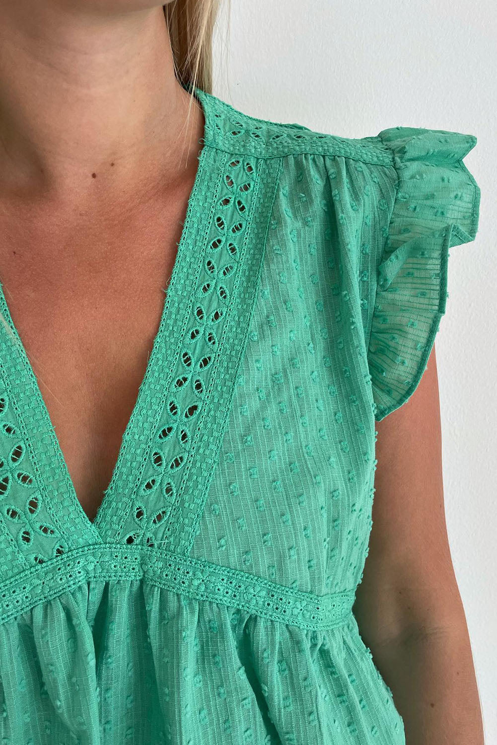 Green Eyelet V Neckline Ruffle Swiss Dot Top