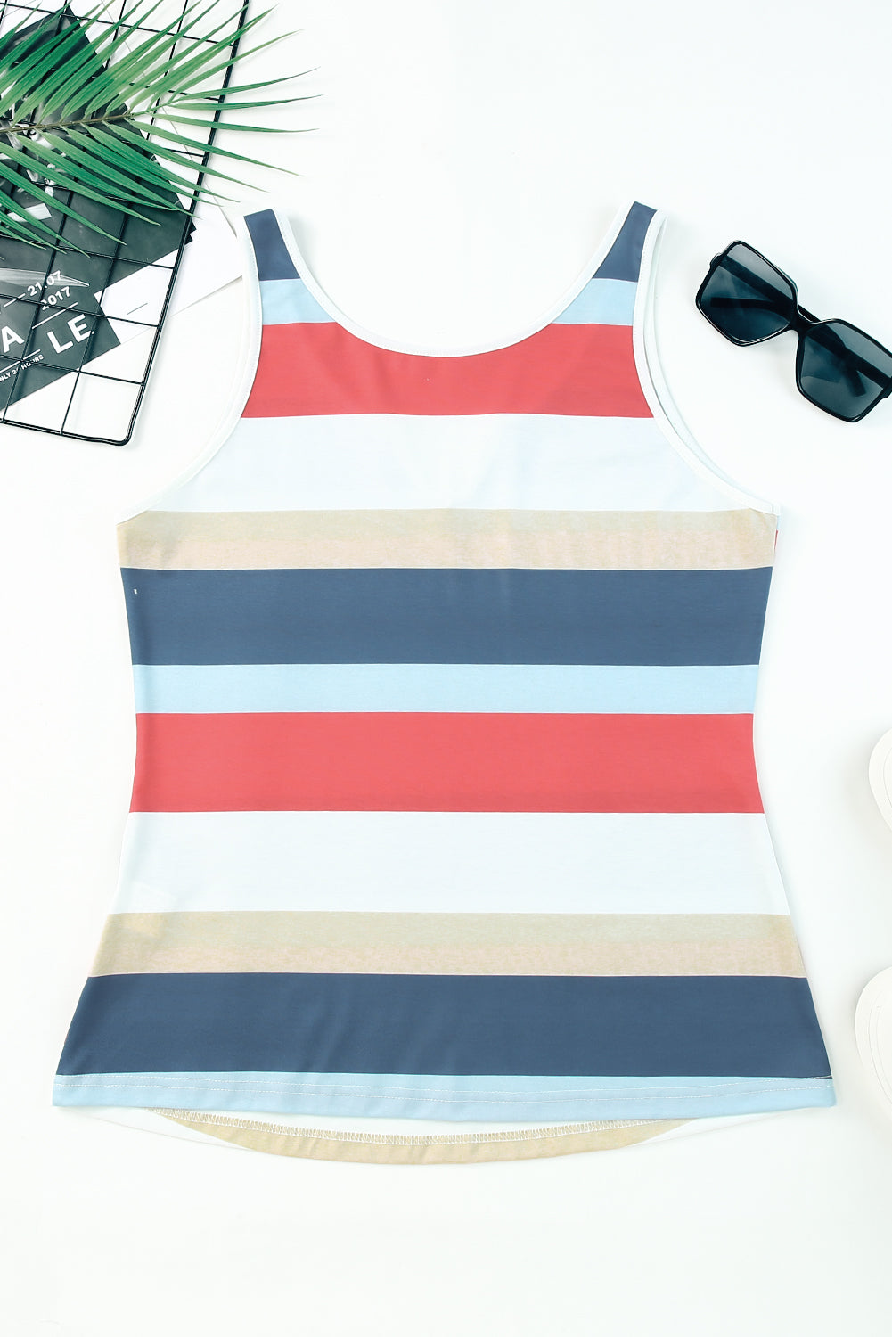 Rose Striped Color Block Notched Neck Tank Top