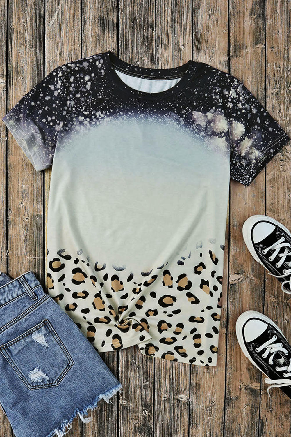 Blue Bleached Tie-dye Leopard Hem Tee