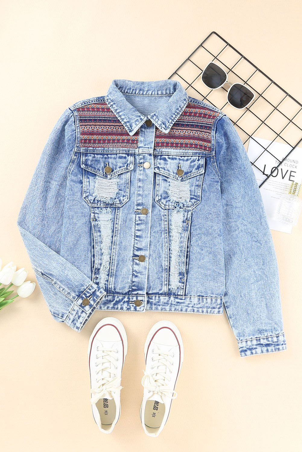 Sky Blue Distressed Tribal Patch Denim Jacket