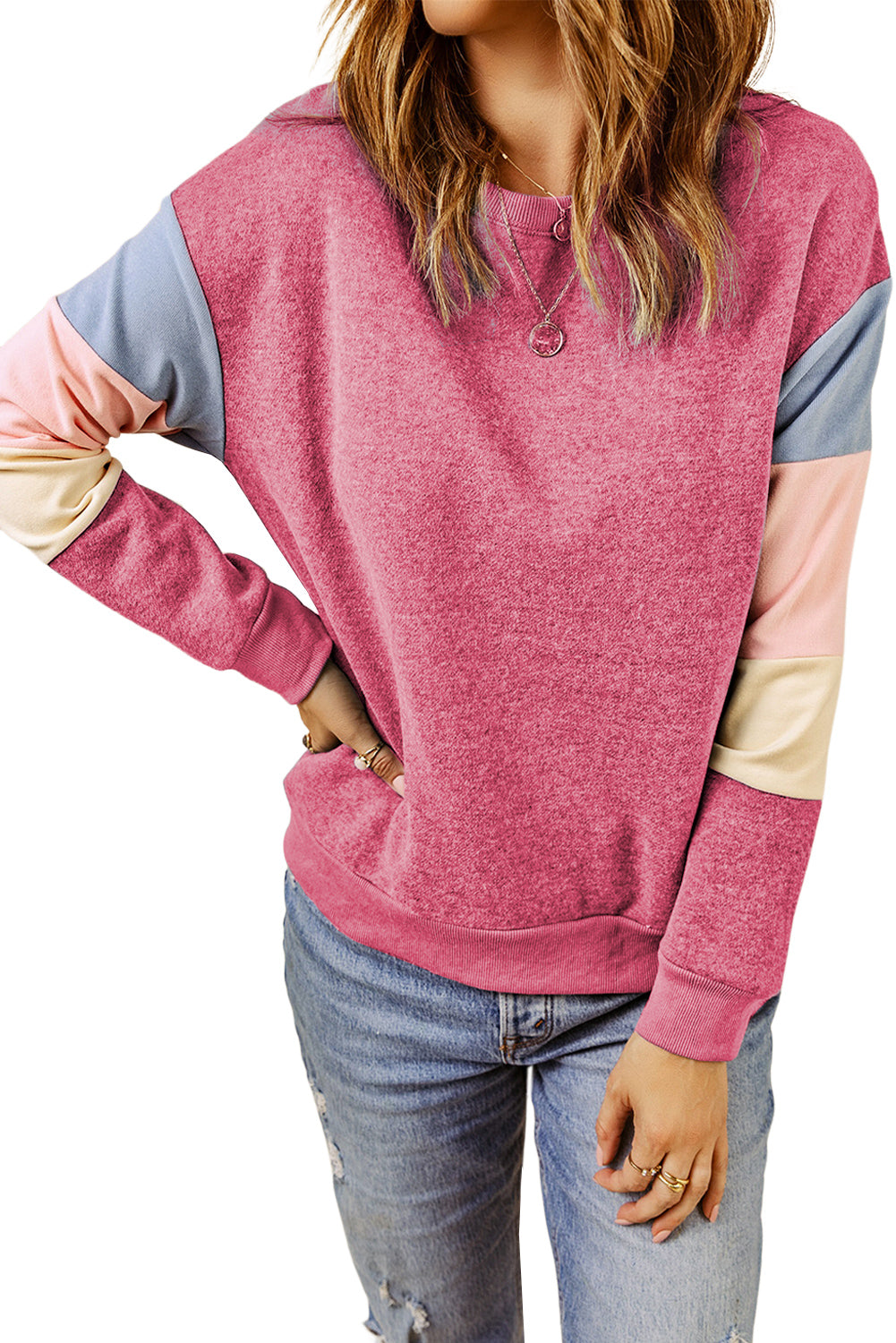 Blue Colorblock Long Sleeve Pullover Sweatshirt