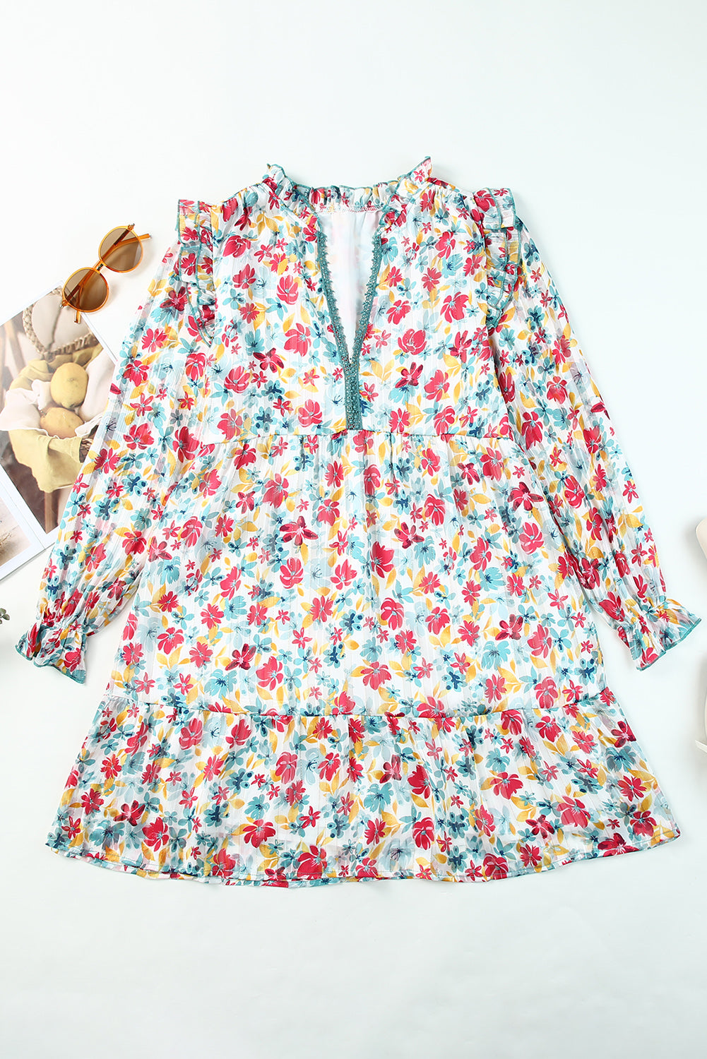 Green Ruffled Lace V Neck Floral Dress
